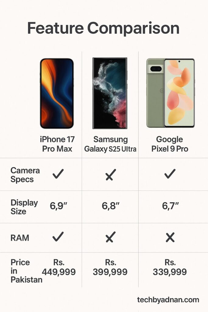 iPhone 17 Pro Max vs Android competitors feature comparison table
