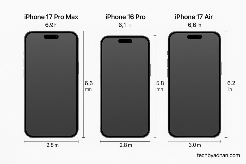 iPhone size comparison showing iPhone 17 Pro Max vs iPhone 16 Pro dimensions