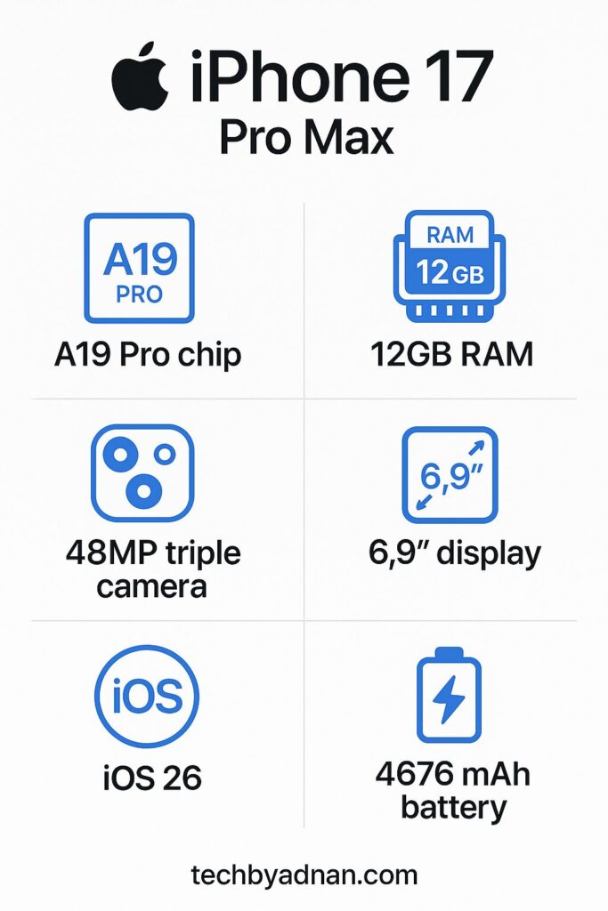 iPhone 17 Pro Max complete specifications infographic with key features