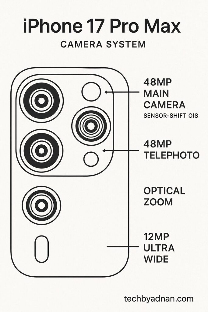iPhone 17 Pro Max triple camera system diagram showing 48MP cameras